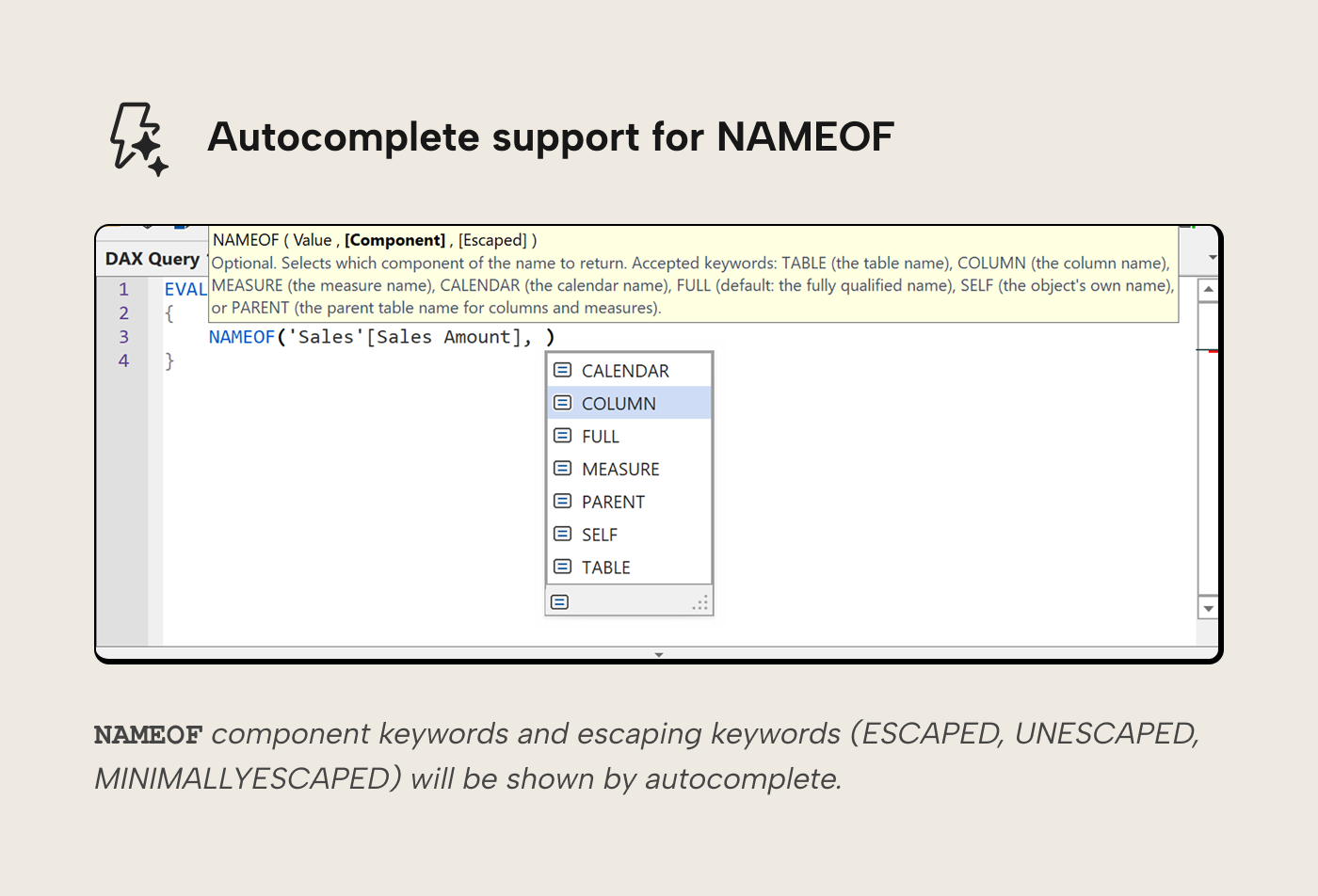 Tabular Editor autocomplete suggestions for NAMEOF including calendars alongside tables, columns, and measures
