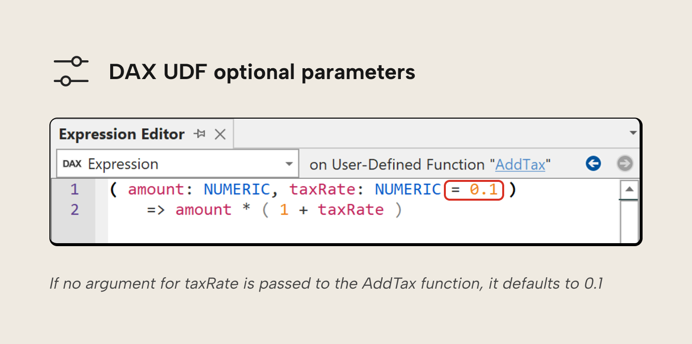 Tabular Editor expression editor showing a DAX user-defined function with an optional taxRate parameter defaulting to 0.1