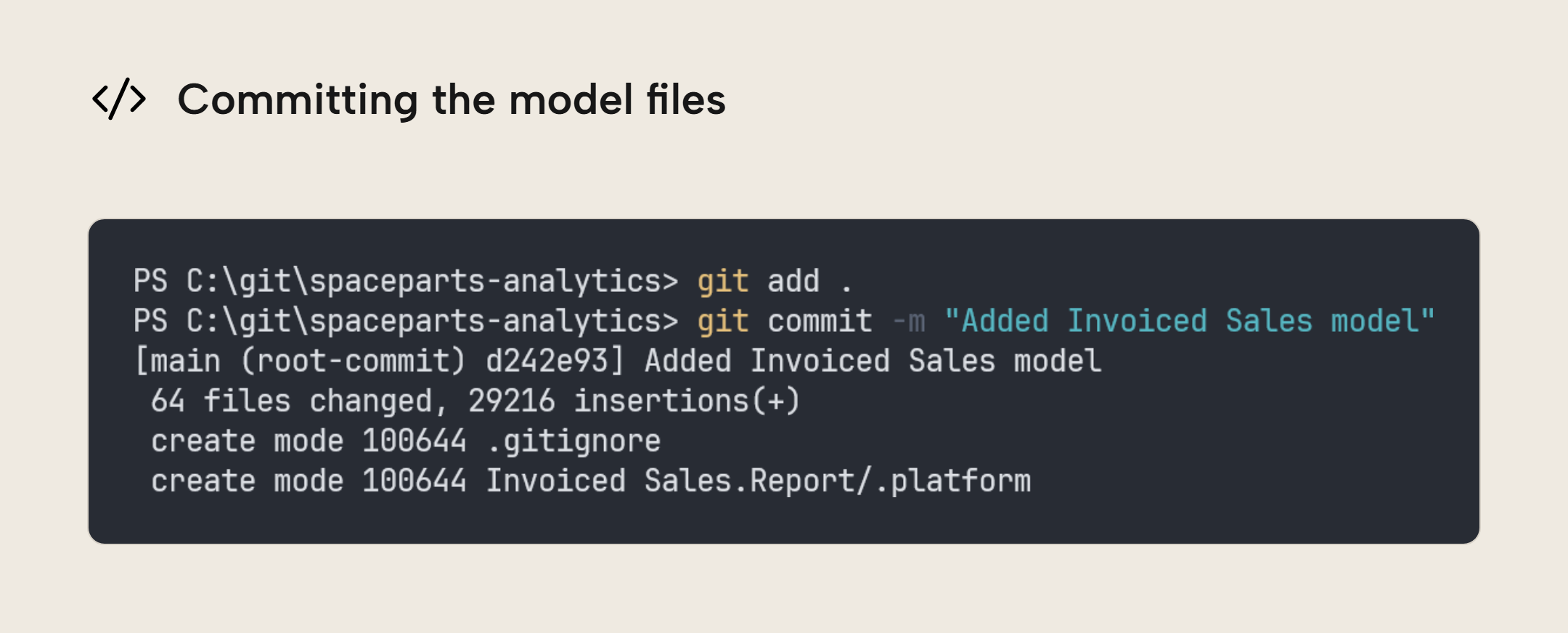 A PowerShell terminal running git add . and then git commit -m "Added Invoiced Sales model", with Git reporting the root commit d242e93 and 64 files changed