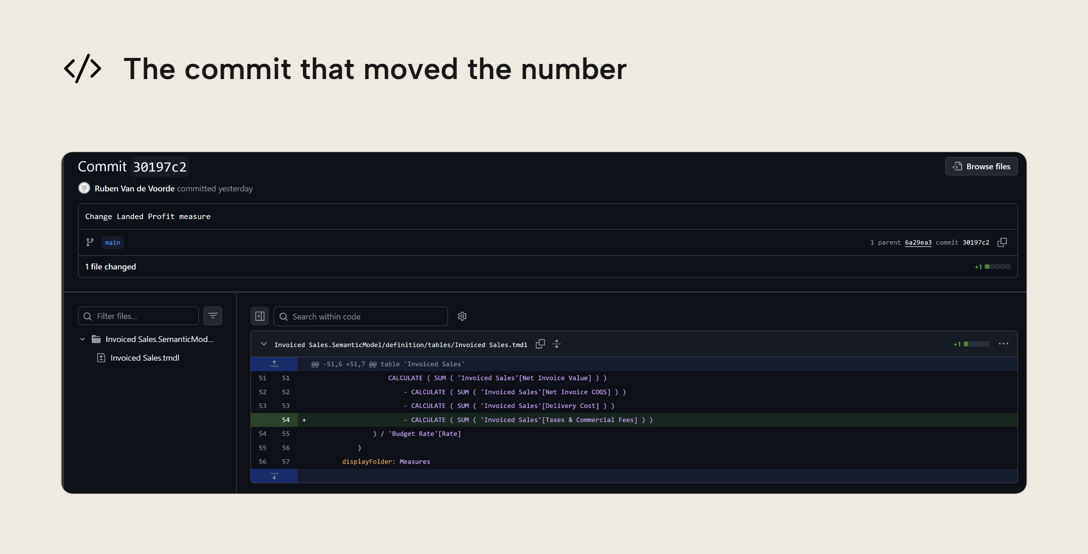 The commit diff for Change Landed Profit measure, showing a single added line that subtracts Taxes and Commercial Fees inside the Landed Profit measure