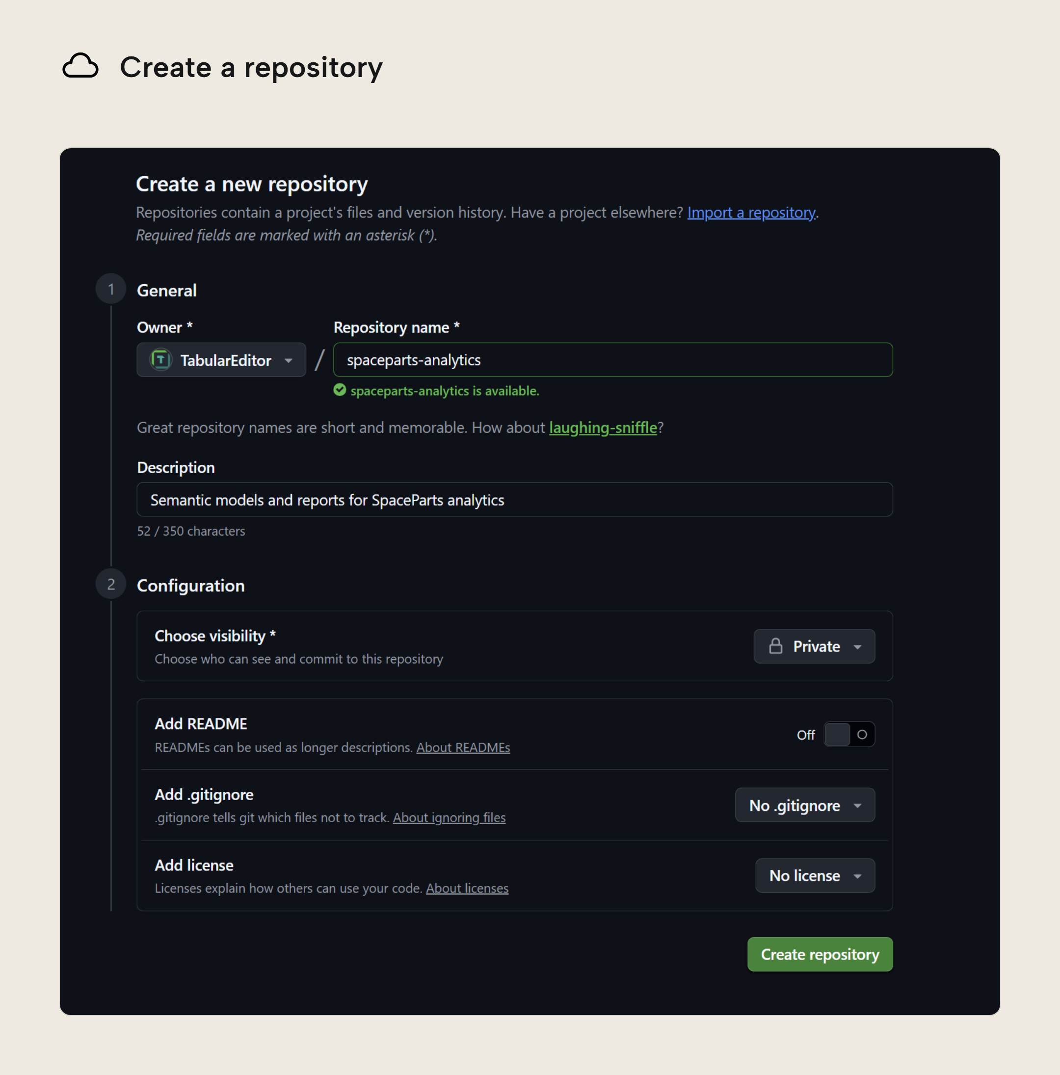 The GitHub Create a new repository form for TabularEditor / spaceparts-analytics, set to Private with Add README off and no .gitignore