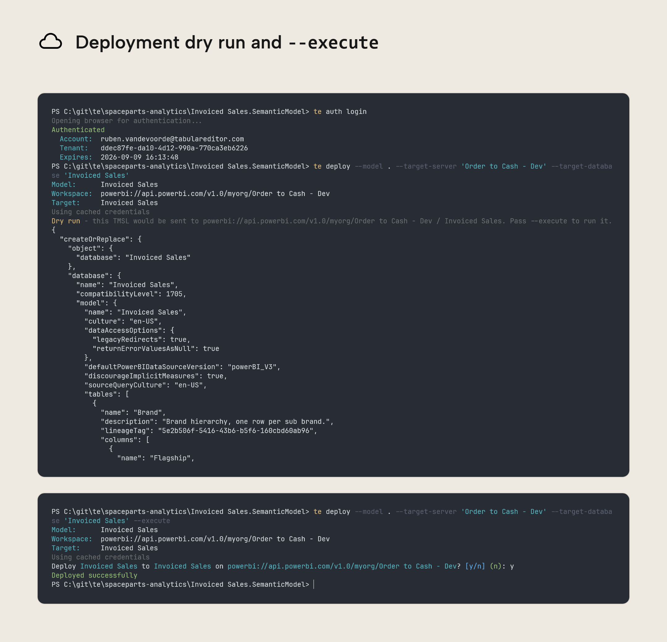 Screenshot of a Windows 11 PowerShell terminal showing the Invoiced Sales deployment preview command for Order to Cash - Dev and the corresponding command with --execute