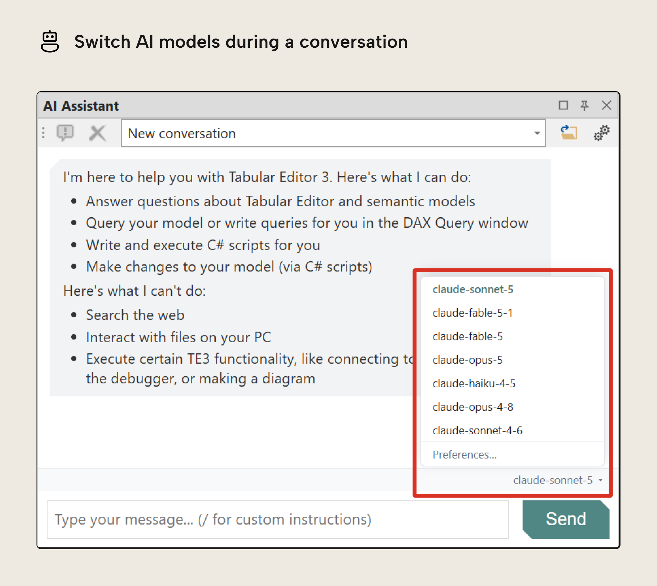 The AI Assistant pane with the model picker open above the message box. It lists the available Claude models and a Preferences entry, with claude-sonnet-5 as the active model.