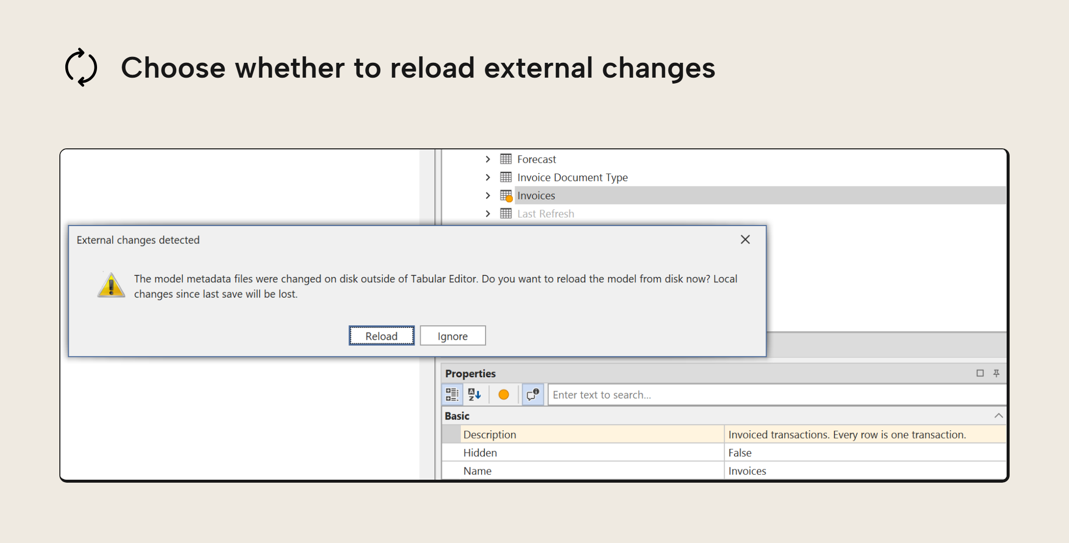 The External changes detected prompt reports that the model metadata files were changed on disk outside of Tabular Editor, and offers Reload or Ignore. Behind the prompt, the Invoices table carries an orange unsaved-change dot and the Properties pane shows an edited Description.