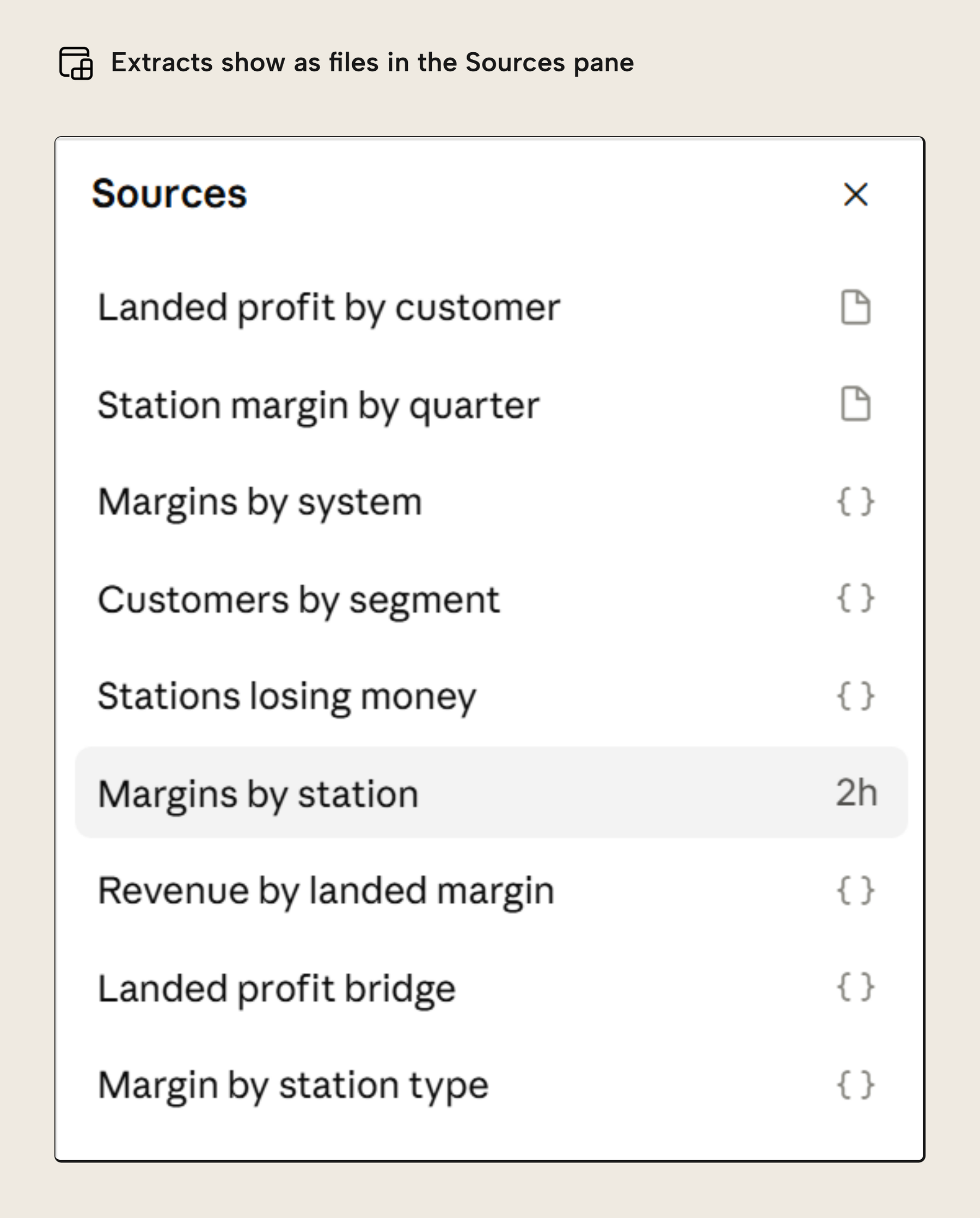 In the Sources pane, a file icon marks an extract and braces mark a calculation done in the page