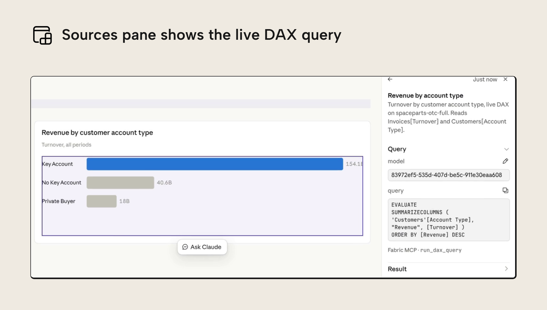 The Sources pane showing the live DAX query behind a visual