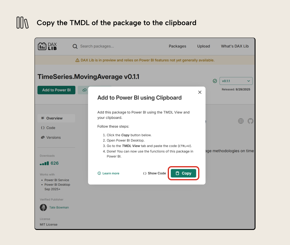 V001 Figure 5 - Copying the TMDL script from DAX Lib website to paste into Tabular Editor for installing DAX function packages