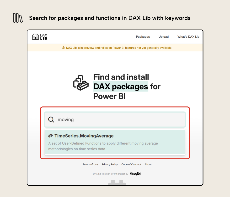 V001 Figure 3 - DAX Lib website search interface showing how to find and install DAX packages for Power BI, with a search for 'moving' returning the TimeSeries.MovingAverage package
