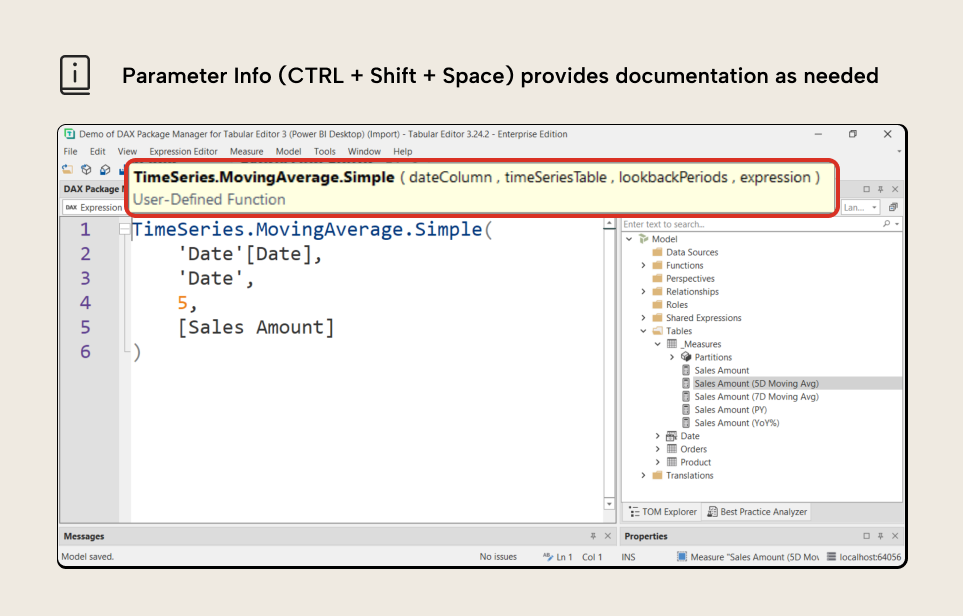 V001 Figure 12 - Example of parameter information from a DAX function in Tabular Editor