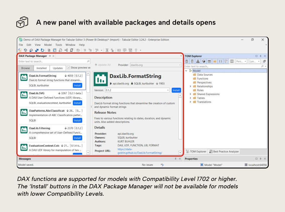 V001 Figure 8 - Installing the TimeSeries.MovingAverage package in Tabular Editor 3 from the DAX Package Manager