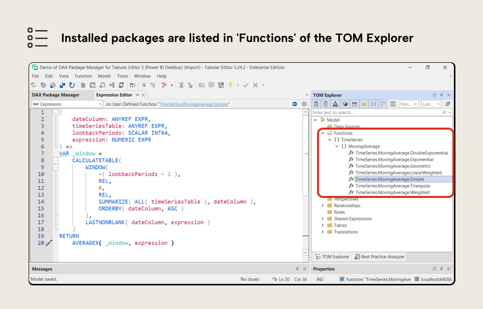 V001 Figure 10 - An example of the installed DAX function packages in Tabular Editor 3. DAX functions are shown, organized by their “namespaces”