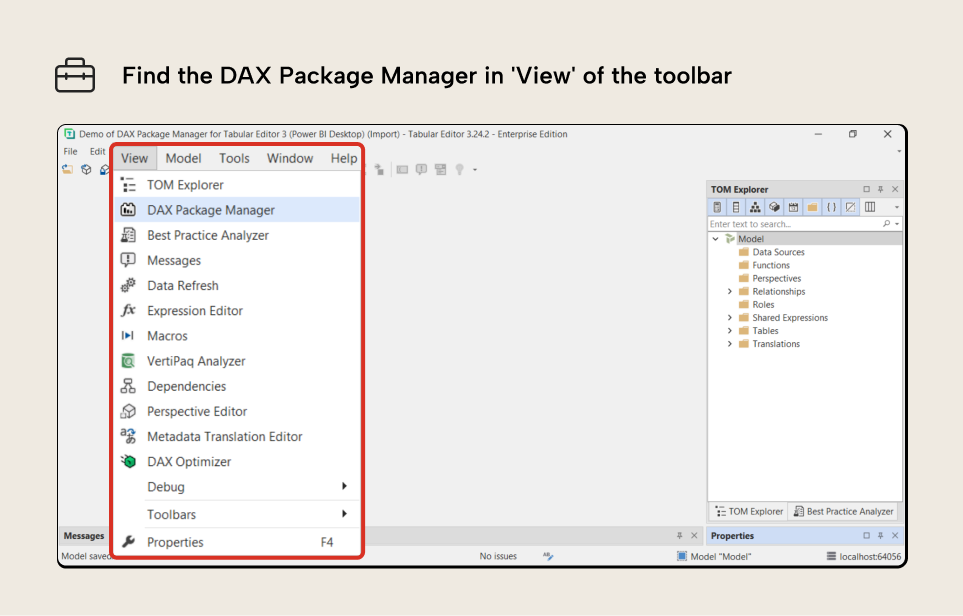 V001 Figure 7 - DAX Package Manager interface in Tabular Editor 3 showing the Browse tab with available packages from daxlib.org provider