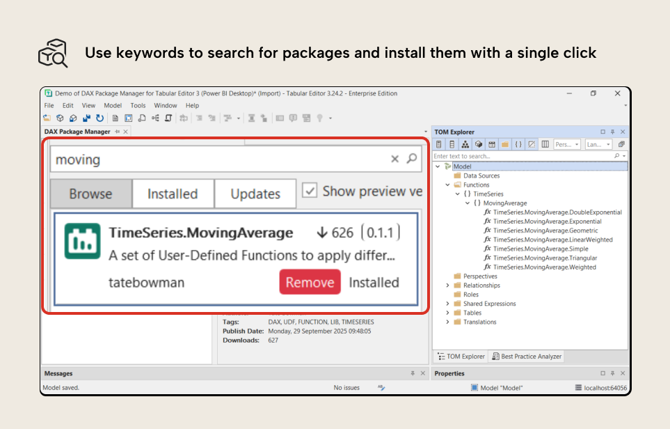 V001 Figure 9 - TOM Explorer in Tabular Editor 3 showing installed DAX functions from the TimeSeries package in the Functions folder