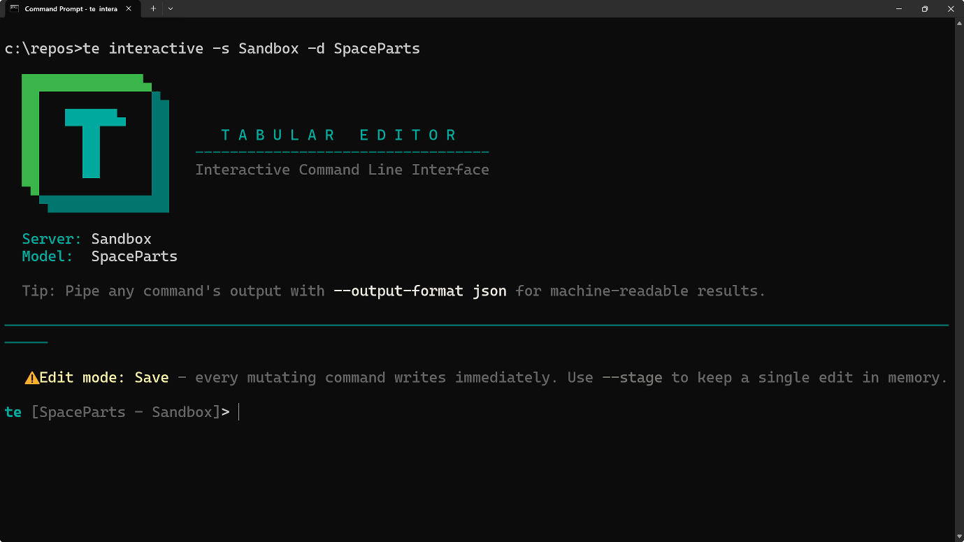 V017 Figure 2 - The Tabular Editor CLI interactive mode session, where commands like ls, find, and query run against a connected model without the te prefix