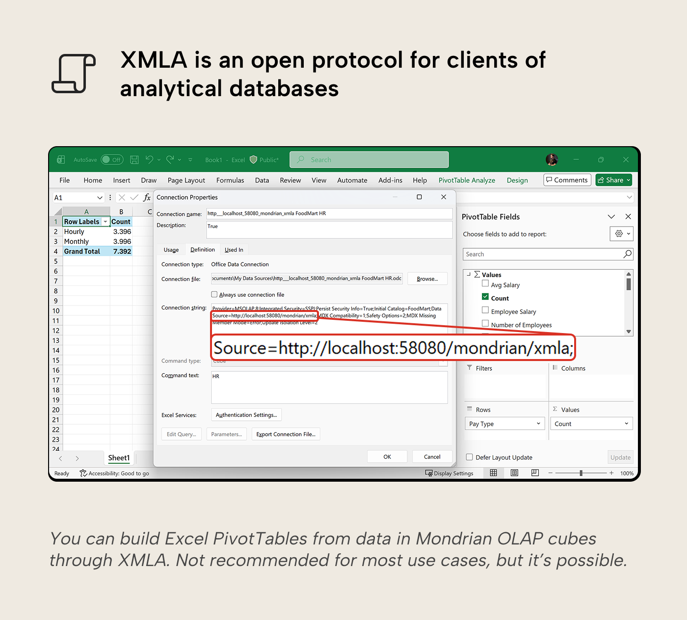 V018 Figure 2 - Excel PivotTable connected to a Mondrian OLAP cube through XMLA, showing the connection string in the Connection Properties dialog. XMLA is an open protocol that works beyond Power BI